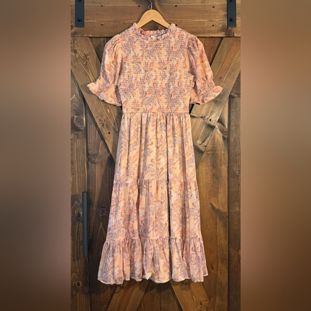 Ivy City Co Peach Purple Smocked Floral Mushroom Print Puff Short Sleeve Dress
